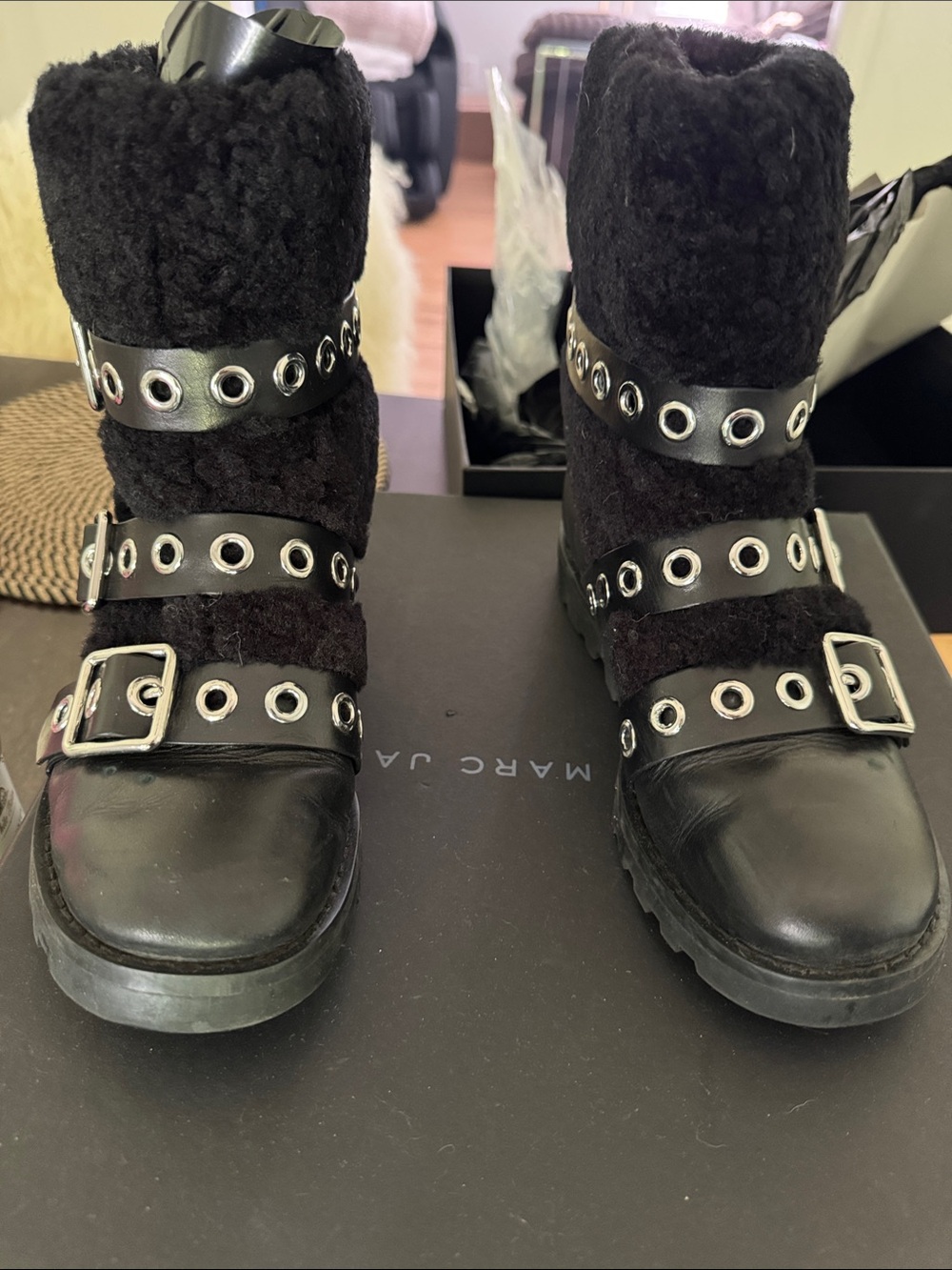 Marc By Marc Jacobs Black Shearling Buckle Strap Boots